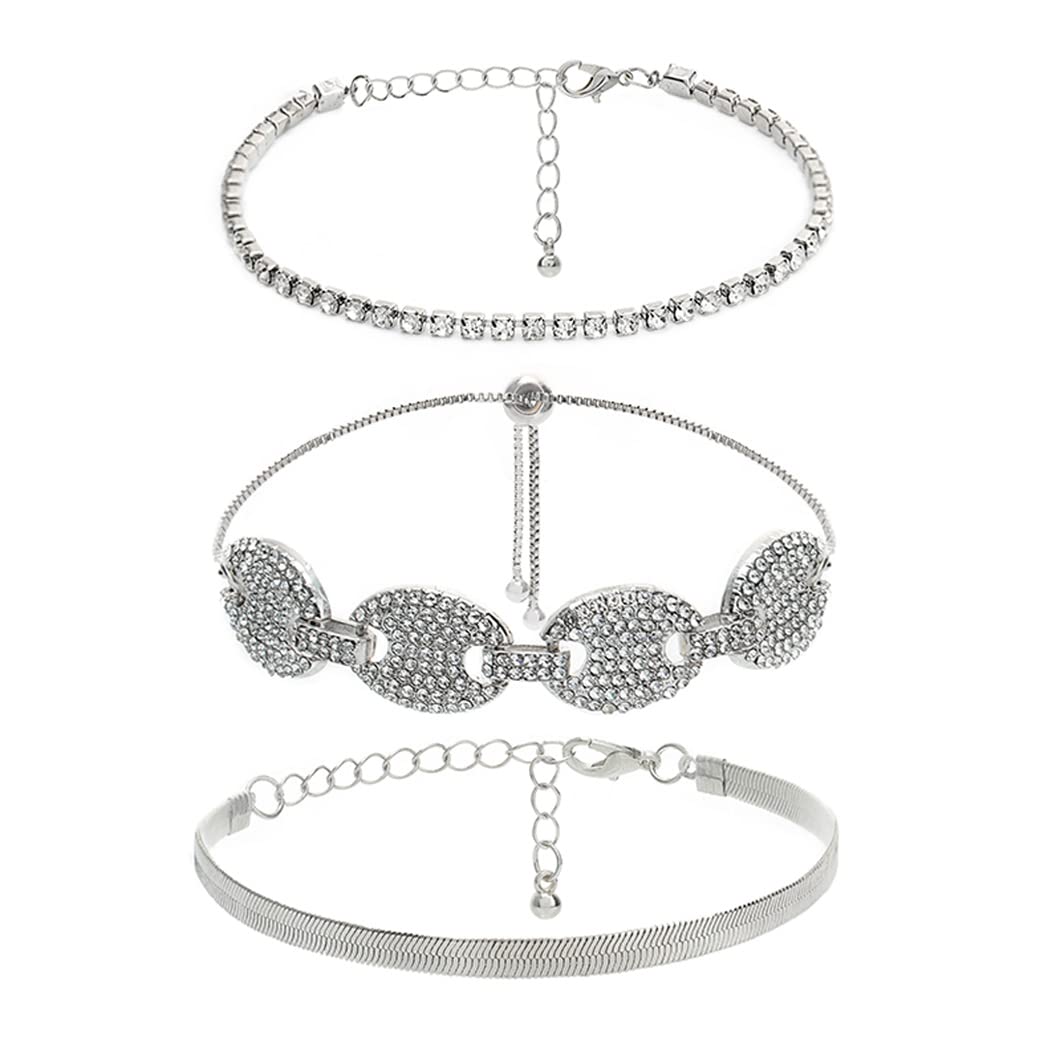 Crystal Multilayer Bracelet Silver Rhinestone Stackable Bracelet Set Oval Party Adjustable Chain Bracelets Nightclub Fashion Wrist Jewelry for Women and Girls（3 Pcs)