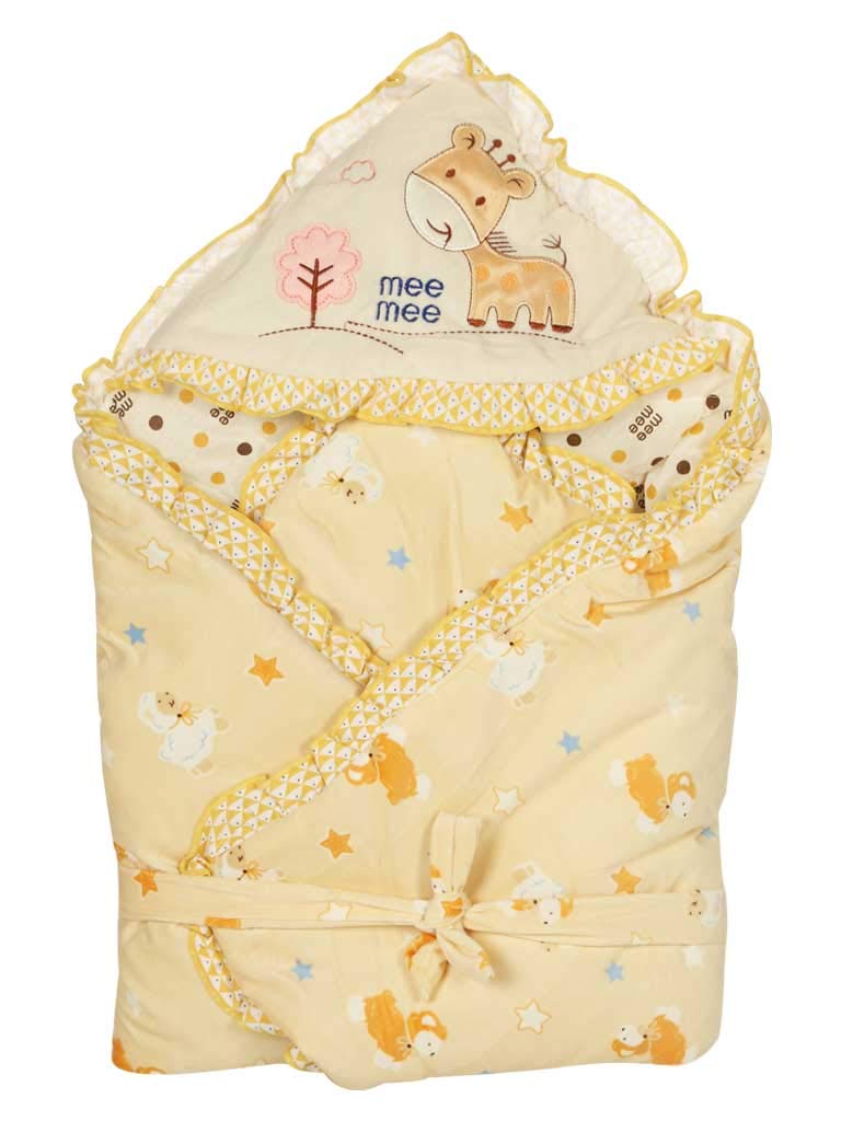 Mee Mee Baby Warm and Soft Swaddle Wrapper Hooded with Hood Double Layer for Newborn Babies (Cream Printed)