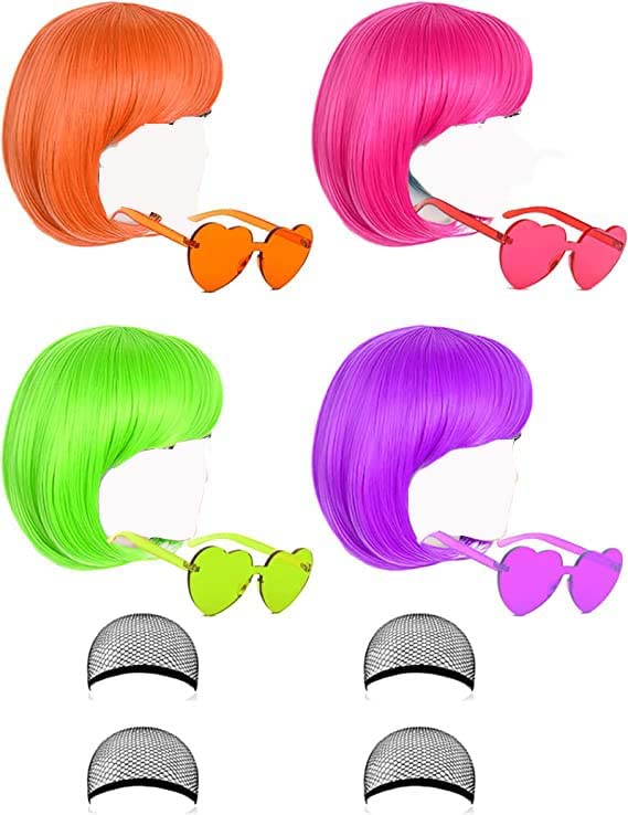 Colored Wigs, Funky Colorful Wigs, Short Bob Hair Wigs, Neon Party Wigs, Cosplay Wigs with Rimless Heart Shape Sunglasses, One Size for All Women Kids & Adults Costume Night Club (4 Pack)