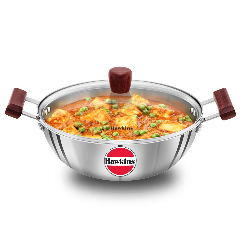 HAWKINS Tri-Ply Stainless Steel Induction Compatible Deep Kadhai (Deep-Fry Pan) with Glass Lid, Capacity 4 Litre, Diameter 28 cm, Thickness 3 mm, Silver (SSK40G)