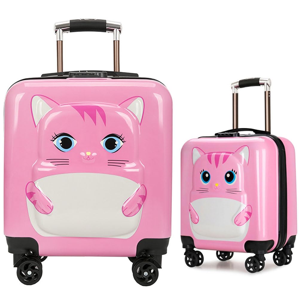 MUMOO BEAR20 Inch Kids Luggage Children Carry On Rolling Suitcase 3D Cartoon Animal Trolley Case for Boys Girls Travel and School (Cat, Pink)