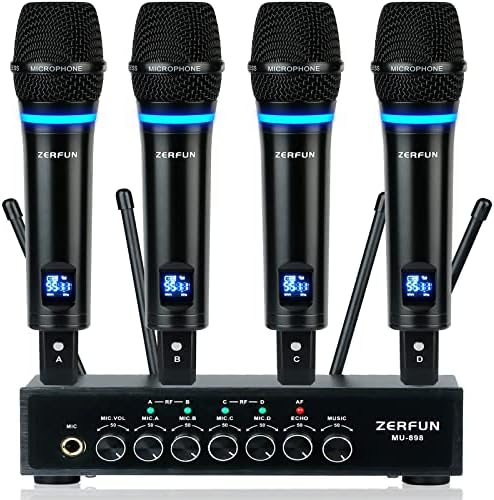 ZERFUN 4 Channel Rechargeable Wireless Microphone System, Pro UHF Metal Handheld Wireless Microphones Cordless Mics with Echo Bluetooth VOL Channel Control for Karaoke Singing Church(MU-898)