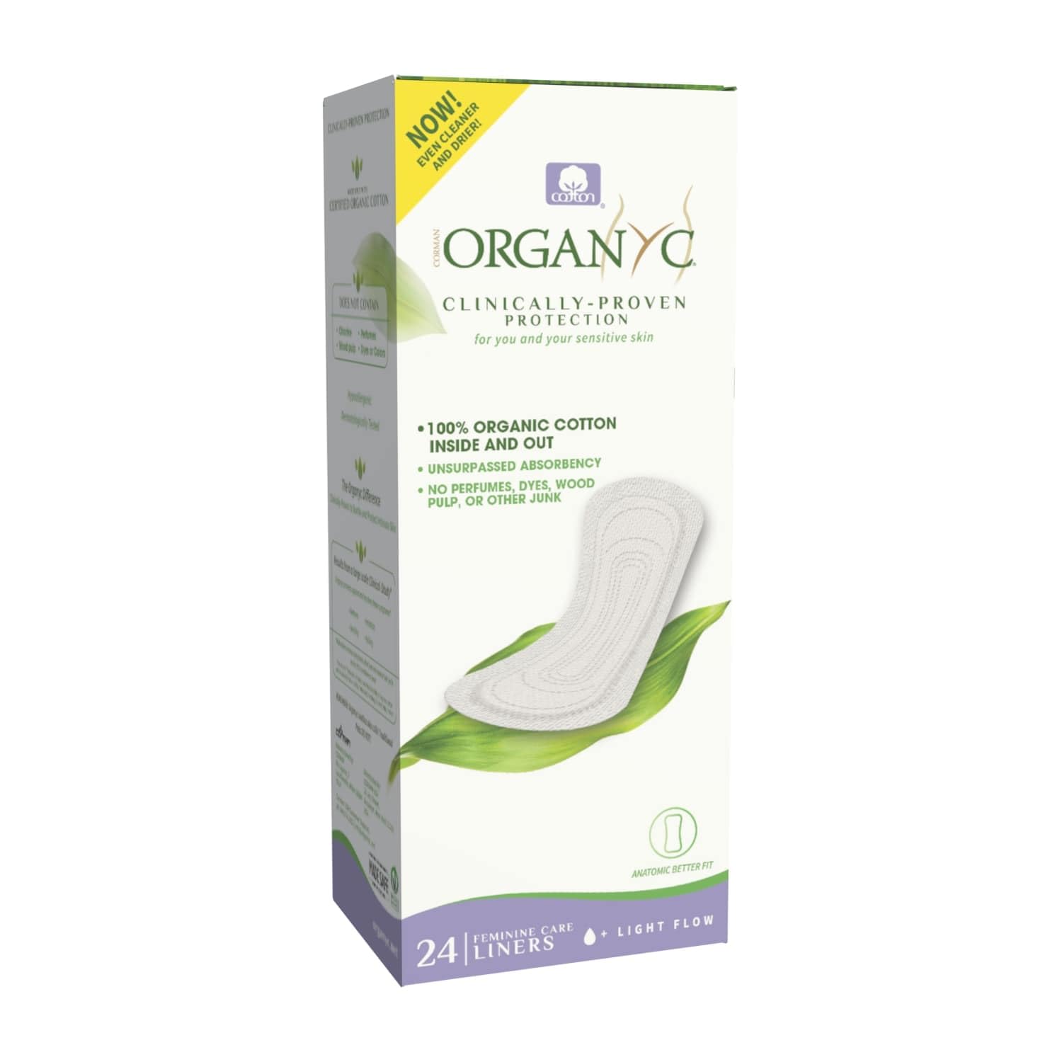 Organyc 100% organic cotton panty liners for sensitive skin, light plus, flat packed 24 Count