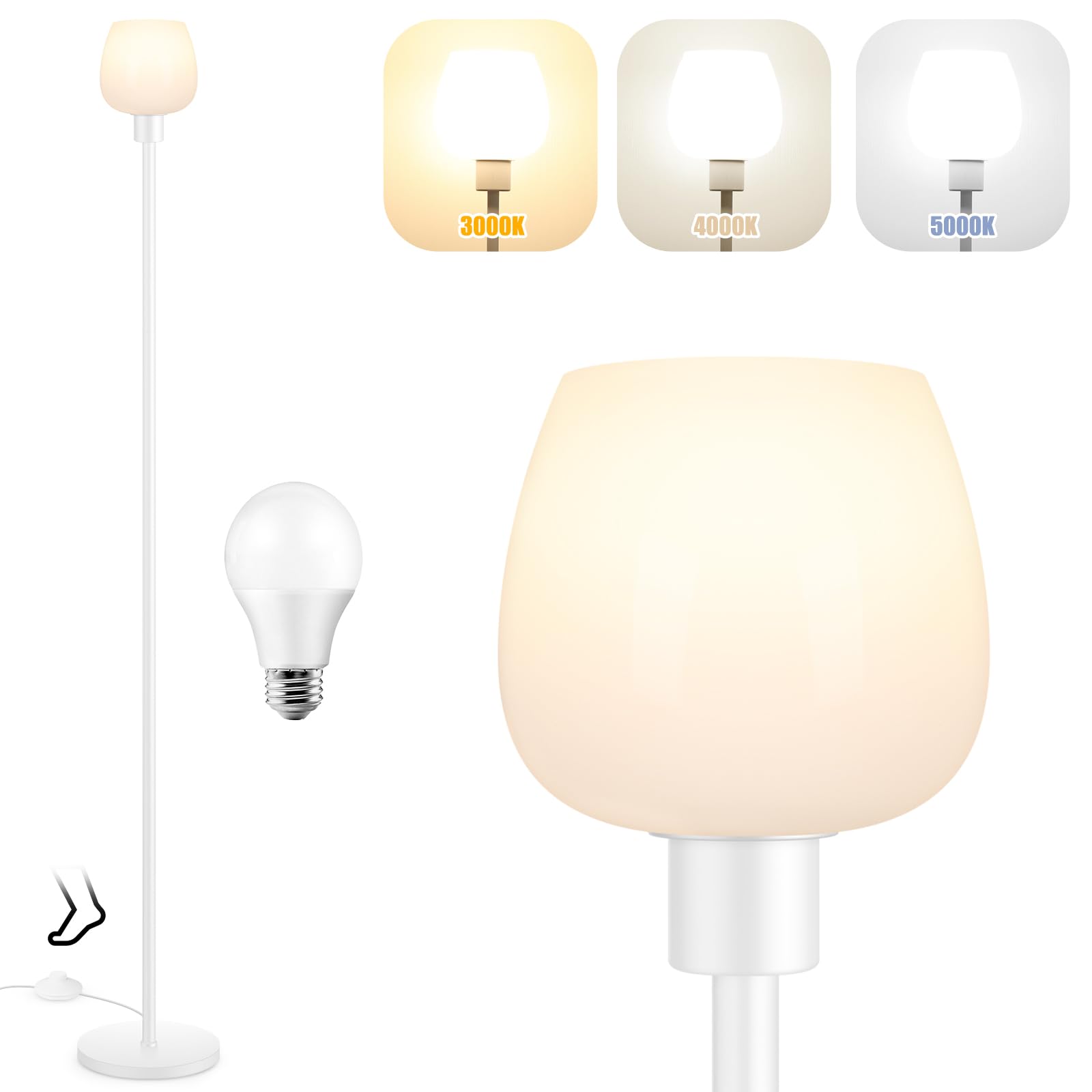 Floor Lamp for Living Room with 3 Color Temperatures, Standing Lamp with White Opal Glass Lampshade, Modern Tall Lamp with Foot Switch, Pole Lamp for Office Bedroom Dining Room, 9W LED Bulb Included