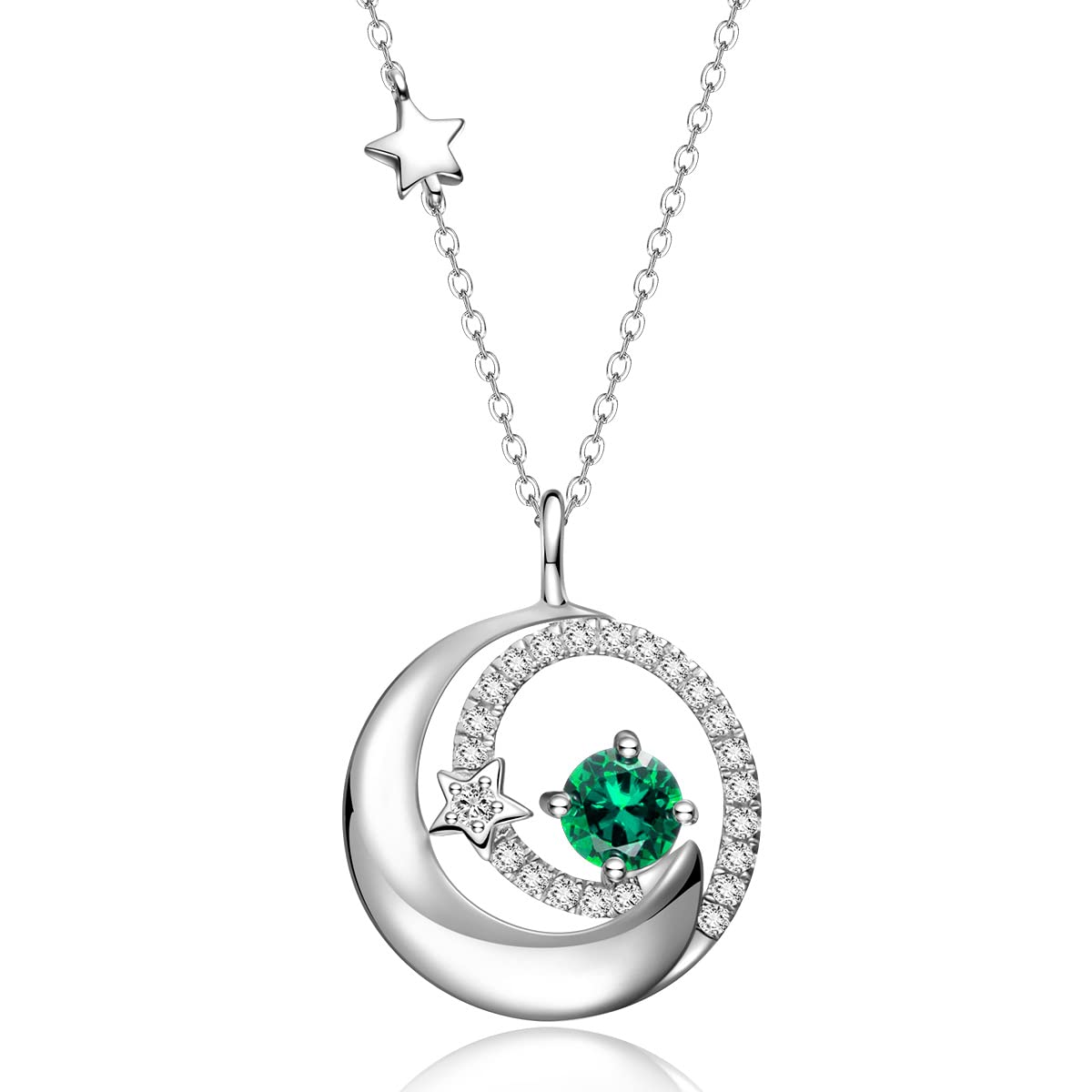 FANCIME Birthstone Necklaces 925 Sterling Silver Moon and Star Pendant Fine Jewelry Birthday Christmas Gifts for Mom Wife Her Daughter, Adjustable Chain 16+2"