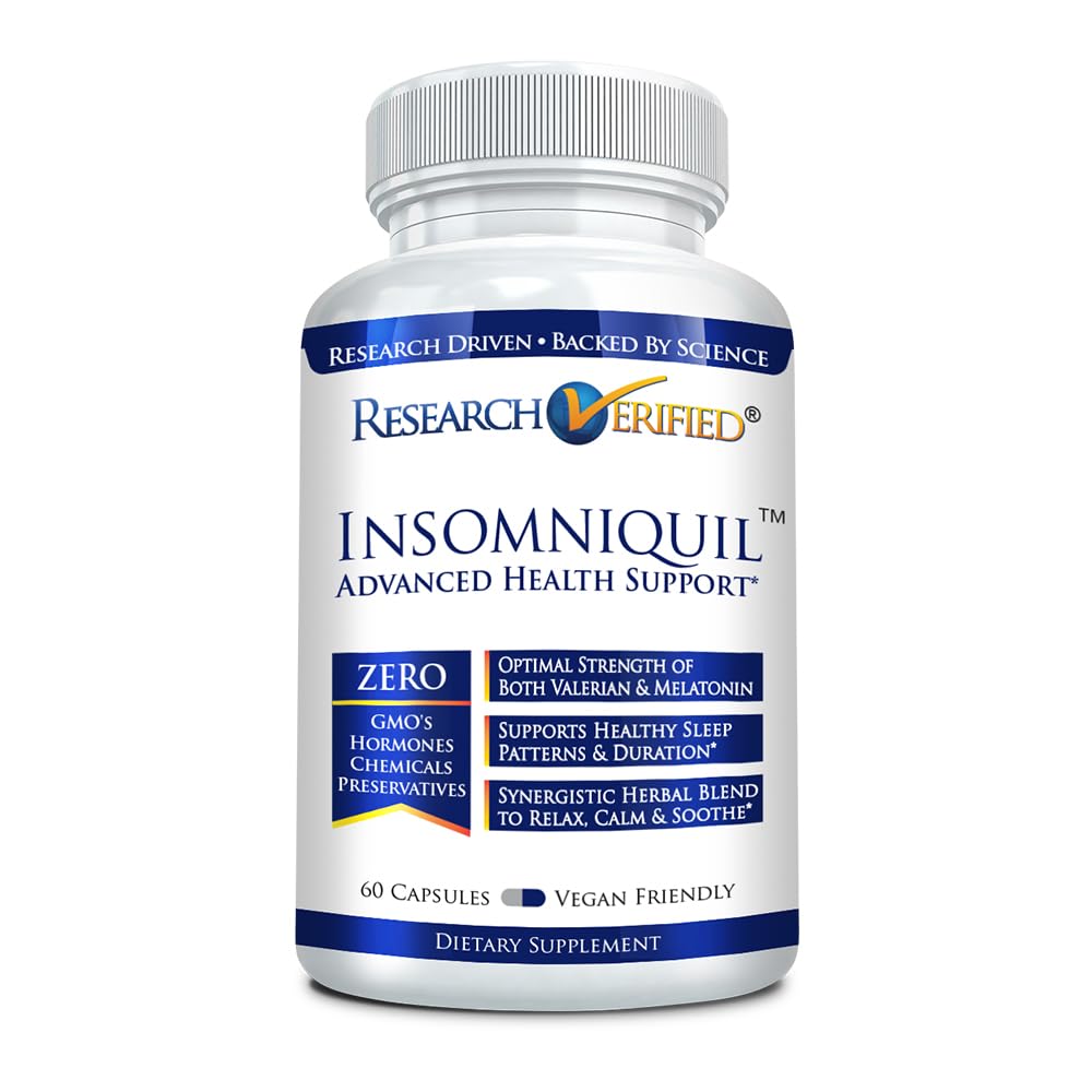 Research Verified Insomniquil - Valerian Root, Chamomile, Lemon Balm, Passionflower, Hops, Melatonin - 60 Capsules - Vegan