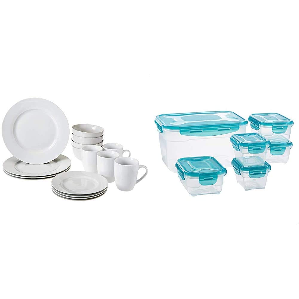 Amazon Basics Dinnerware Set, Service for 4, 16-Piece & Air-Locked 6-Piece Food-Storage Set