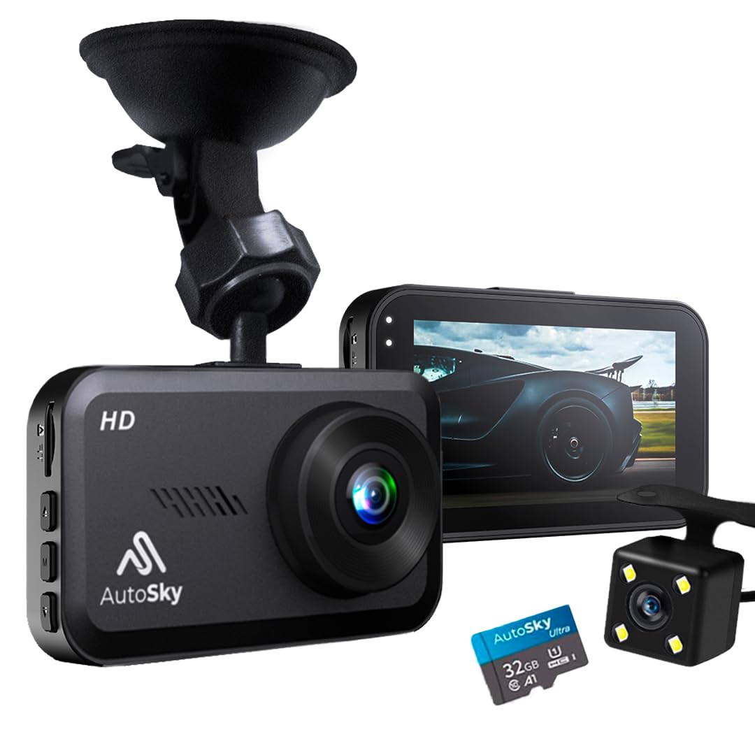 AutoSkyDash Cam Front and Rear - Dash Camera for Cars Mini Dash Cam Full HD with 32GB Memory Card, 3 inch IPS Screen, Accident Lock, Loop Recording, Parking Monitor, Motion Detection