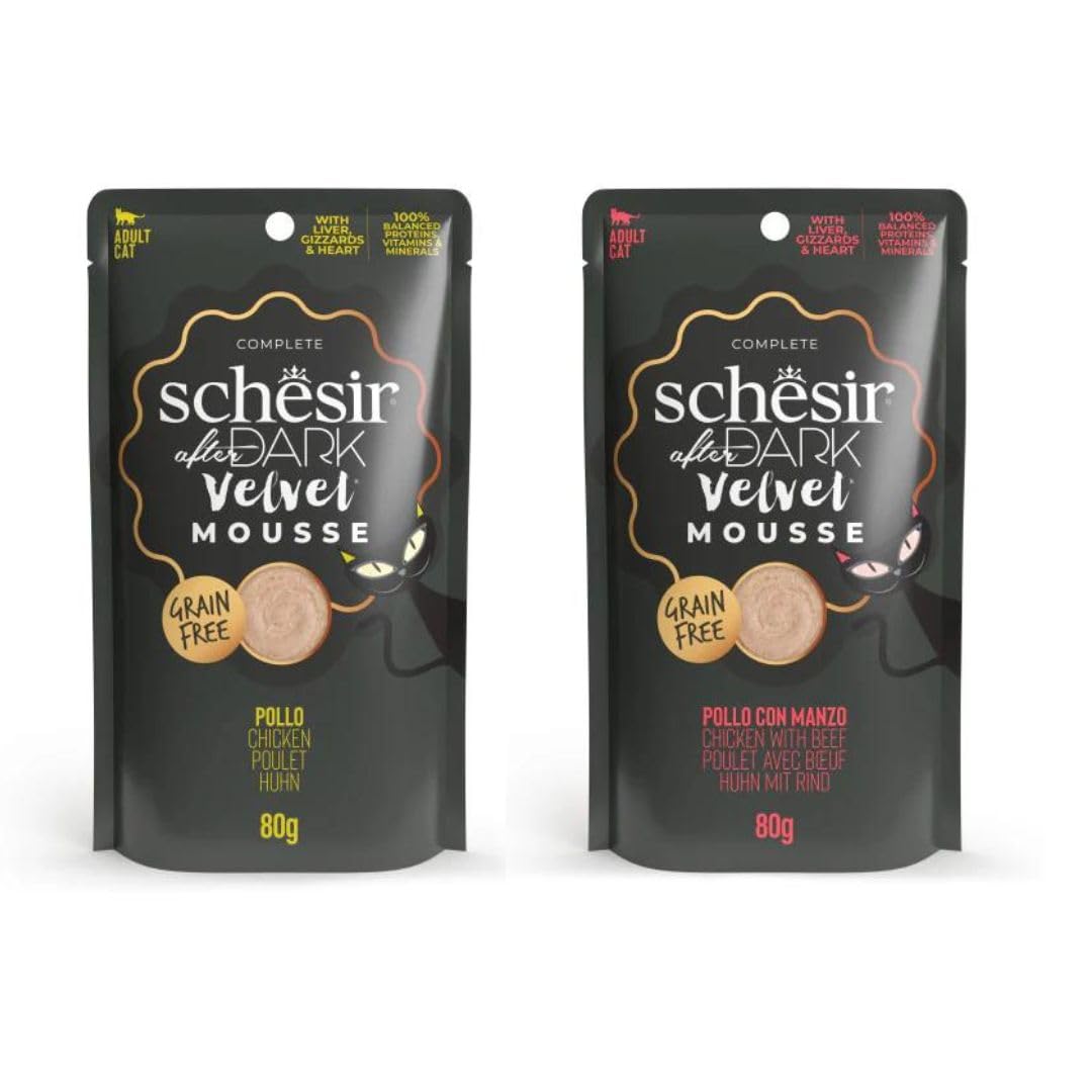 Schesir After Dark | Wet cat food, Velvet Mousse variety, 2 pieces, 24 x 80 gr, (24 x 80 g, chicken mousse + chicken mousse with veal)