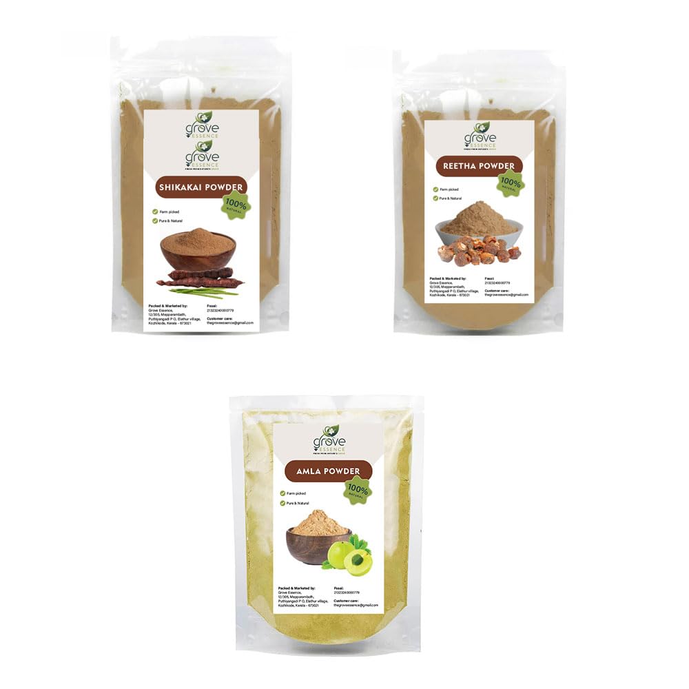 GROVE ESSENCE Reetha, Amla, Shikakai Powder Combo Pack - 300g (100g x 3 Pack) for Hair & Skin Care | 100% Natural and Pure | No Chemicals or Preservatives