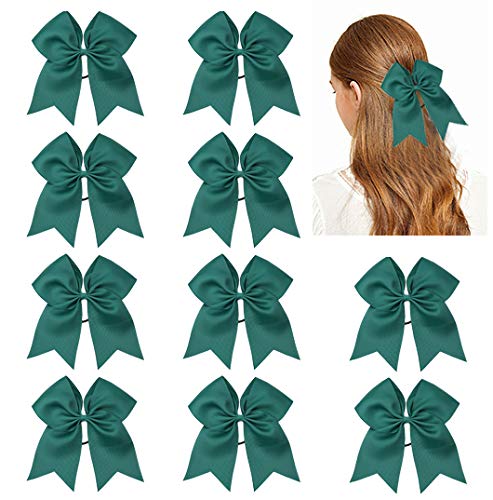 Large Cheer Hair Bows, CN 10pcs 8" Ponytail Holder Handmade Girls Elastic Hair Ties for Cheerleading Teen Girls College Sports Softball Competition Elastic Band (Dark green)