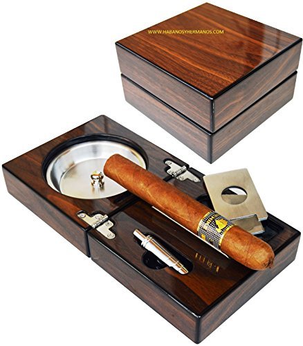 H&H The Compact Ash Tray with Cutter and Punch - 4.75" x 4.75" x 2.8" (Walnut)