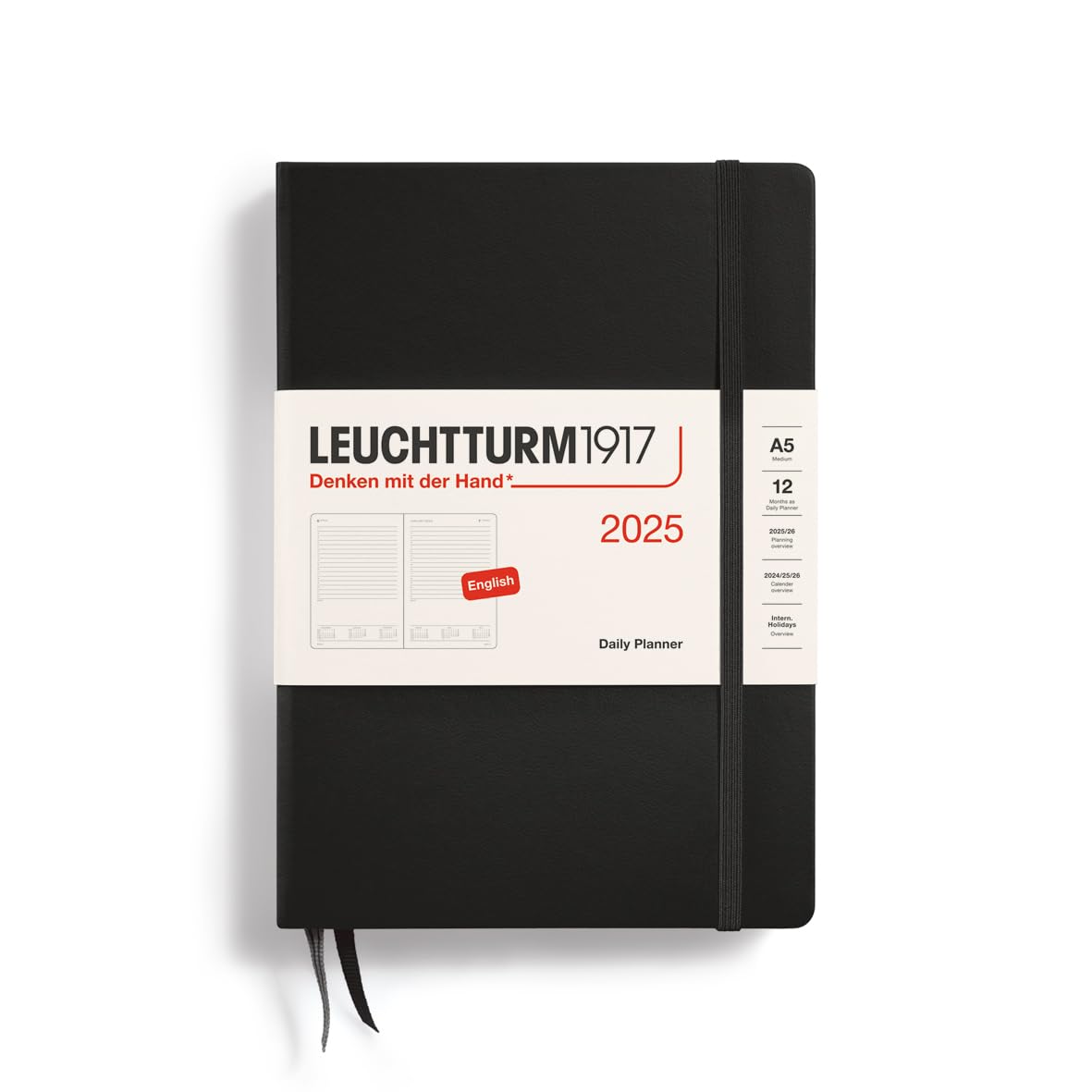 LEUCHTTURM1917Daily Planner 2025, Hardcover, Medium (A5), Black (Jan 1 - Dec 31, 2025)