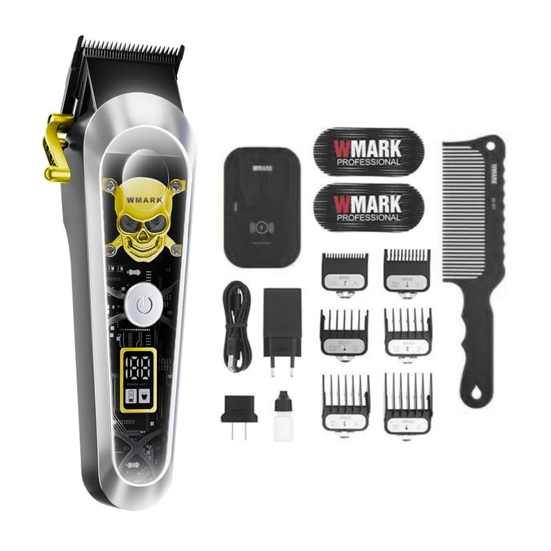 WMARK NG-130 Salon Series Professional Wireless charging Digital Display Cordless Hair Clipper Patent design precision powder metallurgy 440C fade blade 7000 RPM motor 6 Guide Comb 240 min, Silver