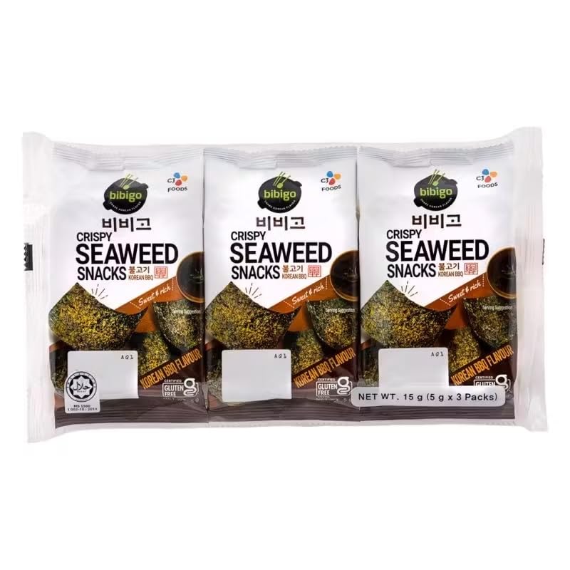 Bibigo Crispy Seaweed Snacks Flavour, 5g x 3 Packs, Korean Seaweed Crisps - Healthy Snack (1, CJ Bibigo Crispy Seaweed - BBQ (5g x 3))