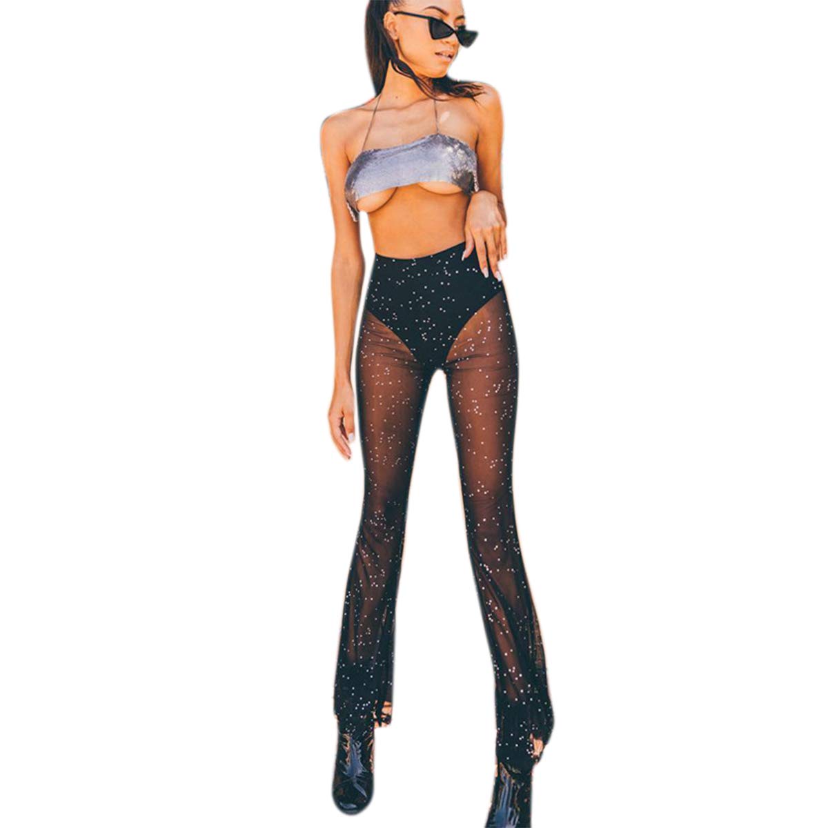 JUMISEEWomen Rave Mesh Sheer Pants Flared Bell Bottom Pants for Dance Festival Clubwear