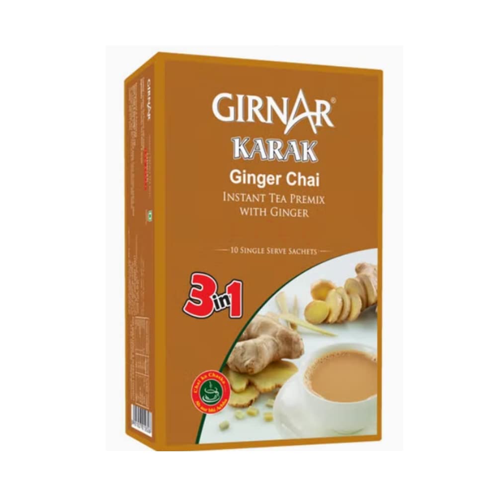 GIRNAR Karak Chai 3in1 Instant Tea Premix with Ginger | 10 Sachets (140g Box) | Authentic Indian Spiced Tea | Quick & Flavorful Chai