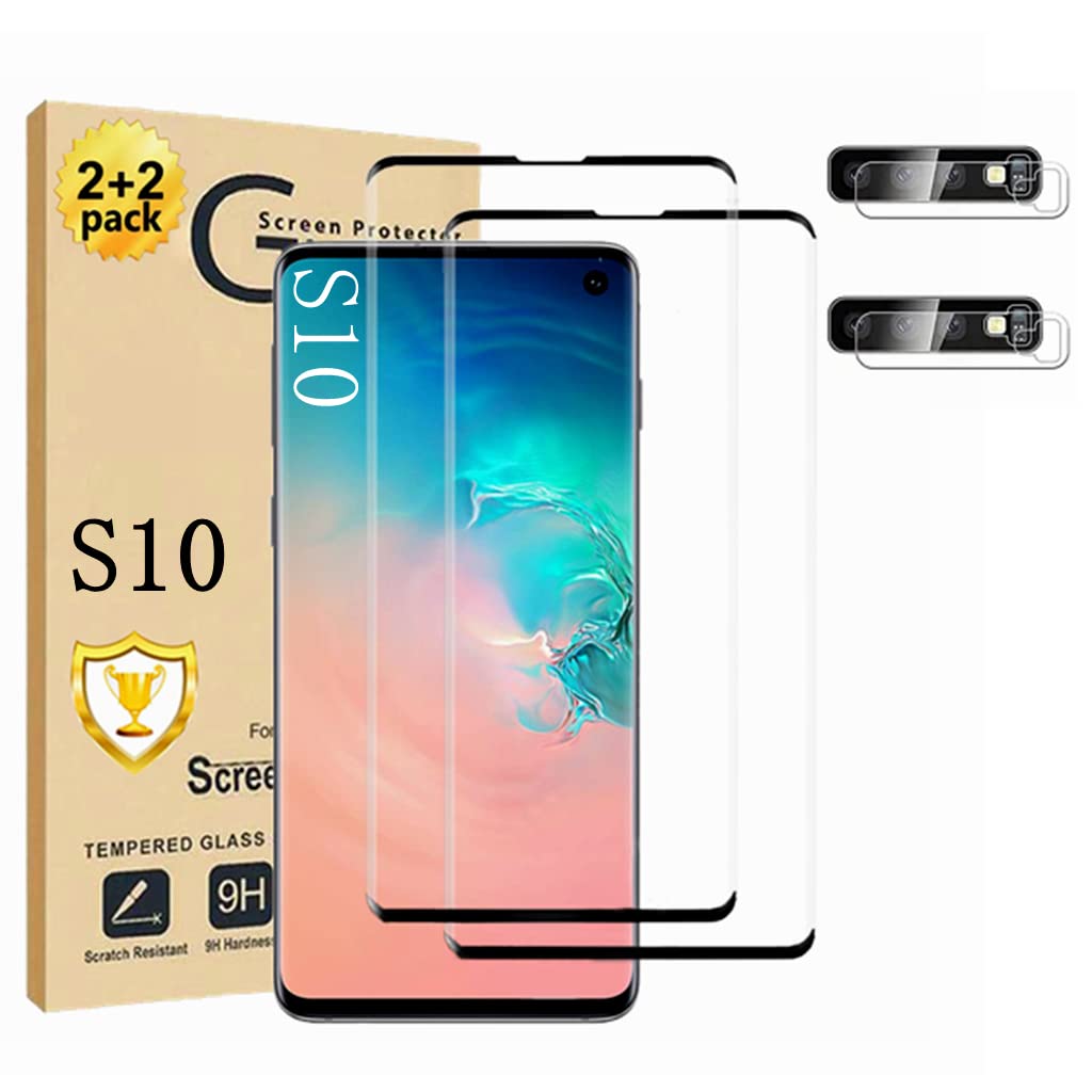 Galaxy S10 Screen Protector, 2 Pack Tempered Glass Screen Protector【2+2 Pack】 2 Pack Camera Lens Protector, 3D Glass 9H Hardness Tempered Glass Screen Protector for Samsung Galaxy S10