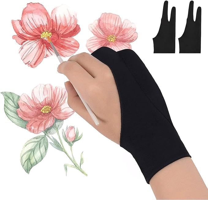 Mizi [2 Pack Palm Rejection Artist Gloves, Two Fingers Anti Smudge Free Size for Digital Graphics Monitor, Drawing Tablet, Sketching, Suitable Left and Right Hand [PADDING PATCH TECHNOLOGY] - Black