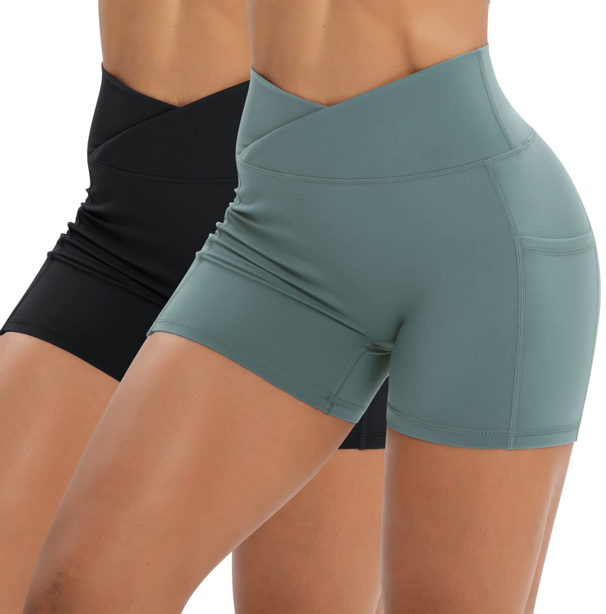 Workout Shorts for Women 2 Pcs Pack Cross Waist Active Gym Spandex Stretchy Yoga Compression with Side Pockets