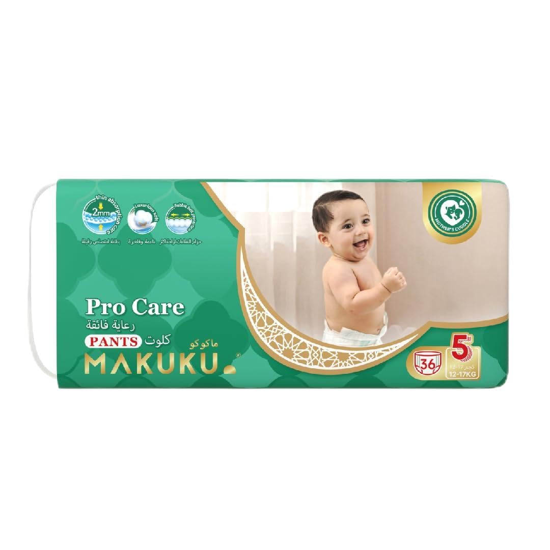 MAKUKUPremium Baby Diapers ProCare Pants, Size 5, XLarge, 12-17 KG, Unique Soft Absorption, U Navel Cut, Ultimate Skin Protection, 36 Pieces