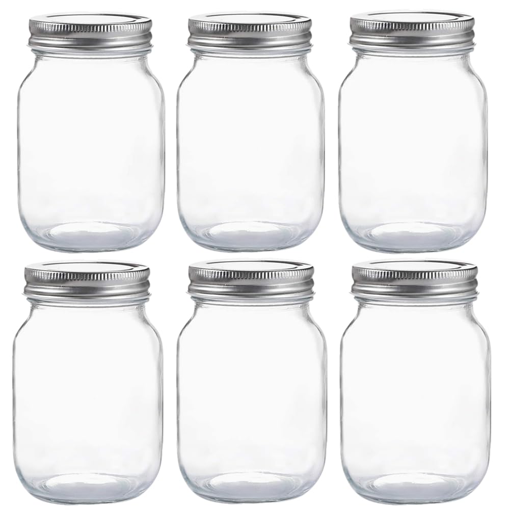 MEETOZ 6 pack Glass Regular Mouth Mason Jars,16 oz Clear Glass Jars,Regular Mouth with Silver Metal Lids,Overnight Oats, Candies, Honeys, Snacks, Food Storage, Canned Foods, DIY Projects