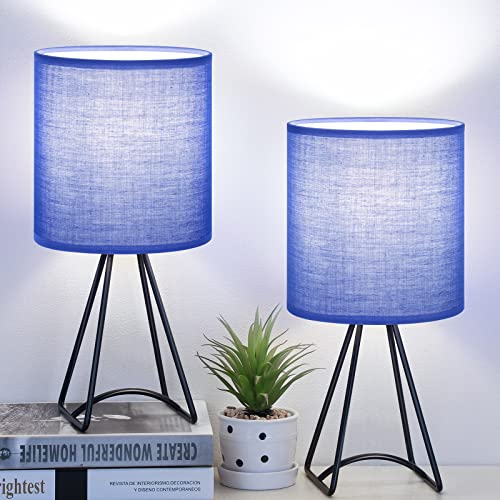 Bedside Table Lamps Set of 2, Blue Metal Table Lamp for Bedroom, Modern Lamps for Nightstand, Simple Side Table Lamps with Linen Fabric Lampshade for Kids, Bedrooms, Living Room (Bulb not Included)