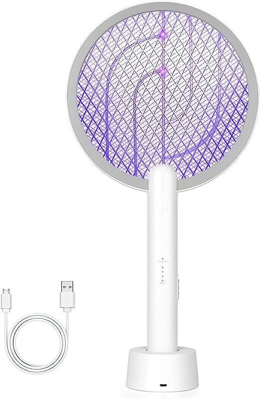 Electric Fly Swatter Racket & Bug Zapper Racket, 2 in 1 Smart Mosquito Swatter with USB Rechargeable Base,with 4-Layer Safety Mesh,for Indoor and Outdoor