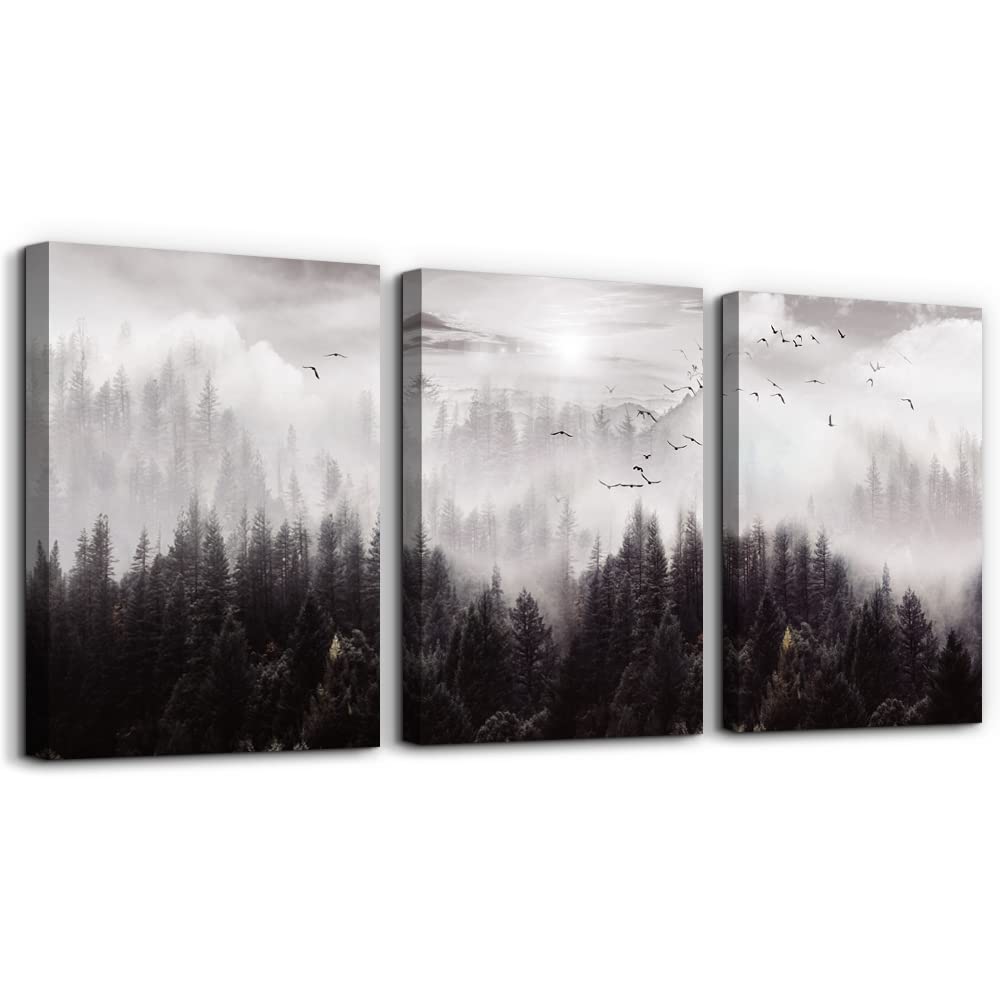 Framed Canvas Wall Art For Living Room Boho Wall Decor For Bedroom Foggy Forest Trees Wall Paintings Scenery Wall Pictures Artwork Farmhouse Office Wall Decorations Room Home Decoration 3 Pieces