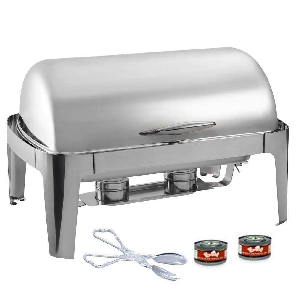 TigerChef Chafing Dish Buffet Set - Roll Top Chaffing Dishes Stainless Steel - Chafer and Buffet Warmer Set with 2 Fuel Gel and Plastic Tongs