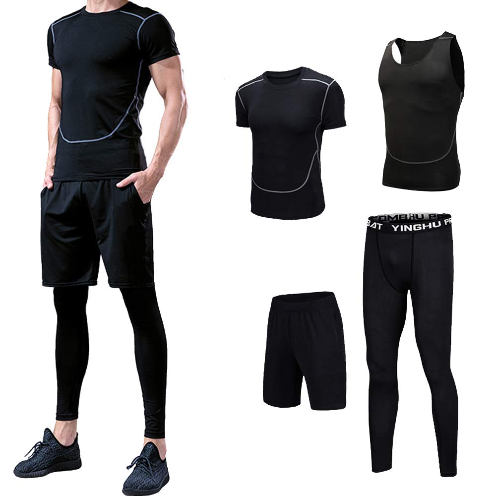 VicJoye 4Pcs Men's Sportswear Quick Dry Fitness Workout Suits with Compression Shirt Leggings