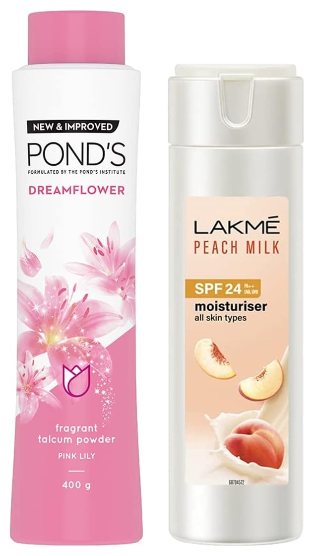 POND'S Dreamflower Fragrant Talcum Powder, Pink Lily, 400 g And Lakme Peach Milk SPF 24 PA Sunscreen Moisturiser, 120 ml