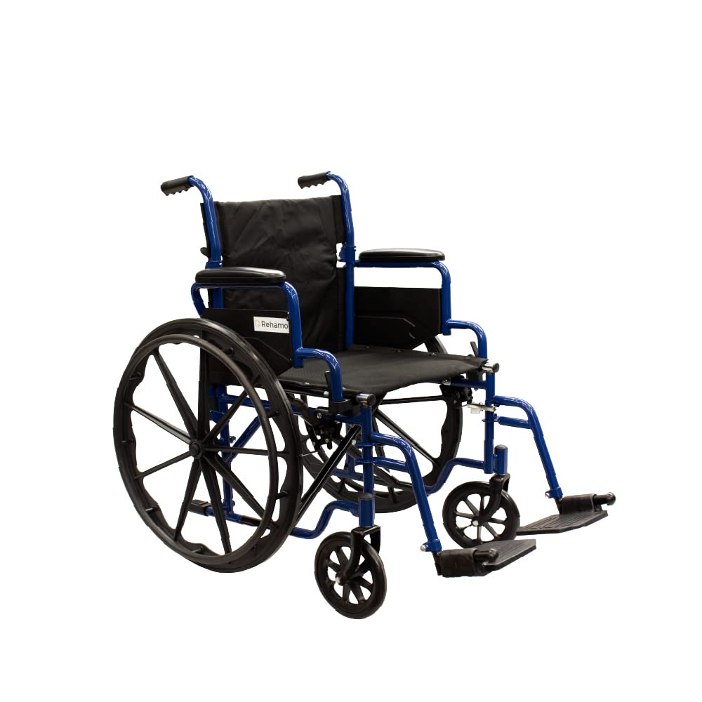 Rehamo Steely Blue Foldable M-Steel Frame Wheelchair with Flip-Back Armrest, Half Folding Backrest, Nylon Padded Upholstery, & Removable Leg Rest, Seat width 18" | 1 Year Warranty