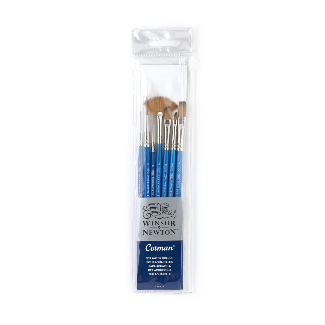 Winsor & Newton Cotman Watercolour Synthetic Hair Brush - Assorted Set- Short Handle - Pack of 7 - Round (1,6) Rigger (2) Filbert (1/4") One Stroke (3/8") Angled (1/8") Fan (2")