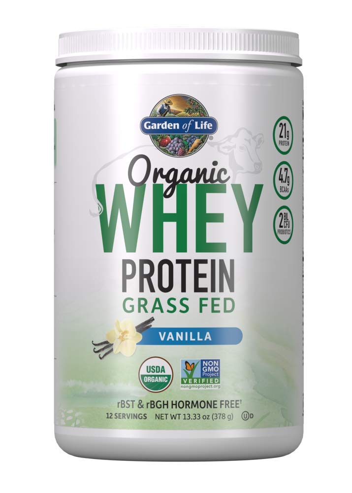 Garden of Life Grass Fed Whey Protein Powder Vanilla - 21g Protein for Women & Men + Probiotics - 12 Servings - Gluten Free, Non GMO, Kosher, Humane, RBST & rBGH Hormone Free