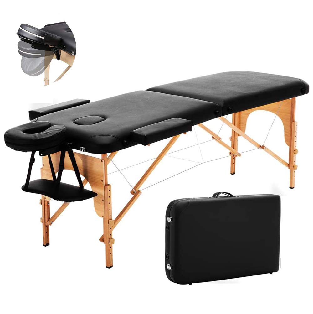 Massage Table Bed Beauty Couch 2-Section Portable Deluxe Lightweight Professional Foldable with Dual-Layer Wooden Legs for Therapy Tatoo Salon Reiki Healing Spa Relax 13KG Black 60cm-Wide (Black)