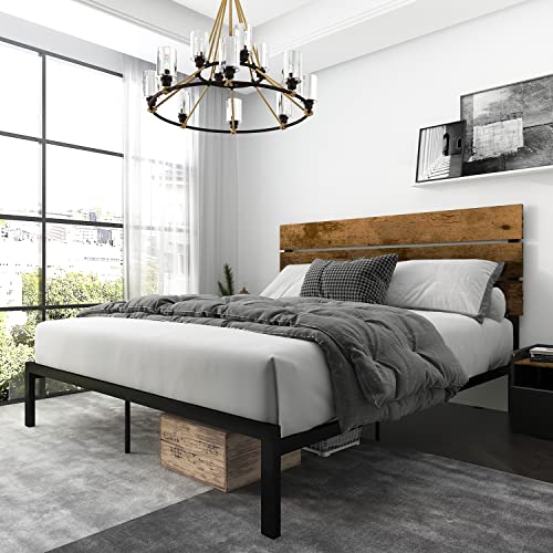 Einfach Queen Size Bed Frame with Rustic Wooden Headboard, Metal Platform Bed with Heavy Duty 16 Strong Slats Support / No Box Spring Needed / Noise Free / Dark Brown