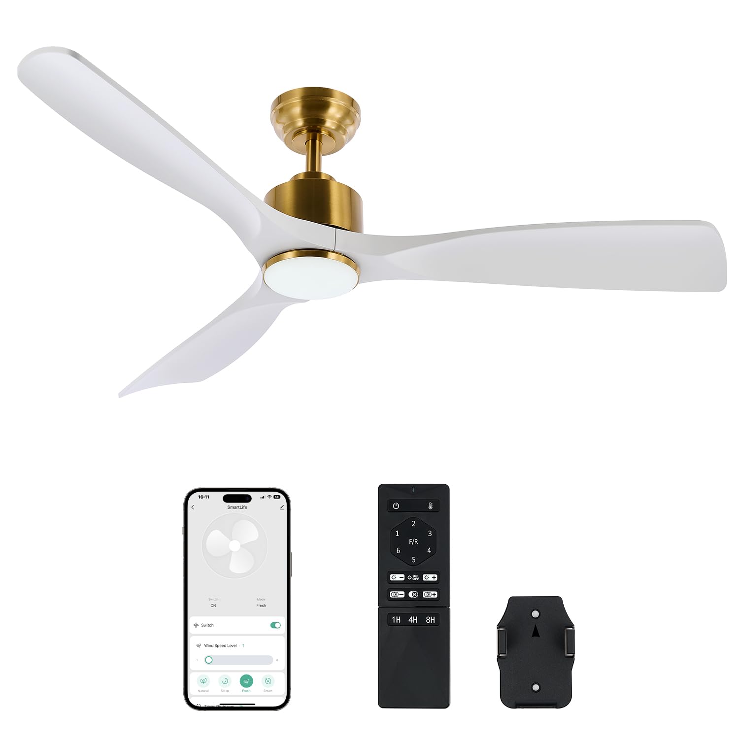 Ceiling Fans with Lights Remote Control, 52" Smart Ceiling Fan with 3 Blades Noiseless 6-Speed Reversible DC Motor, Alexa Google App Compatible Modern Ceiling Fan for Bedroom Living Room, White Golden