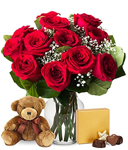 From You Flowers - One Dozen Red Roses & Chocolate & Teddy Bear with Glass Vase (Fresh Flower Bouquets) Birthday, Anniversary, Get Well, Sympathy, Congratulations, Thank You