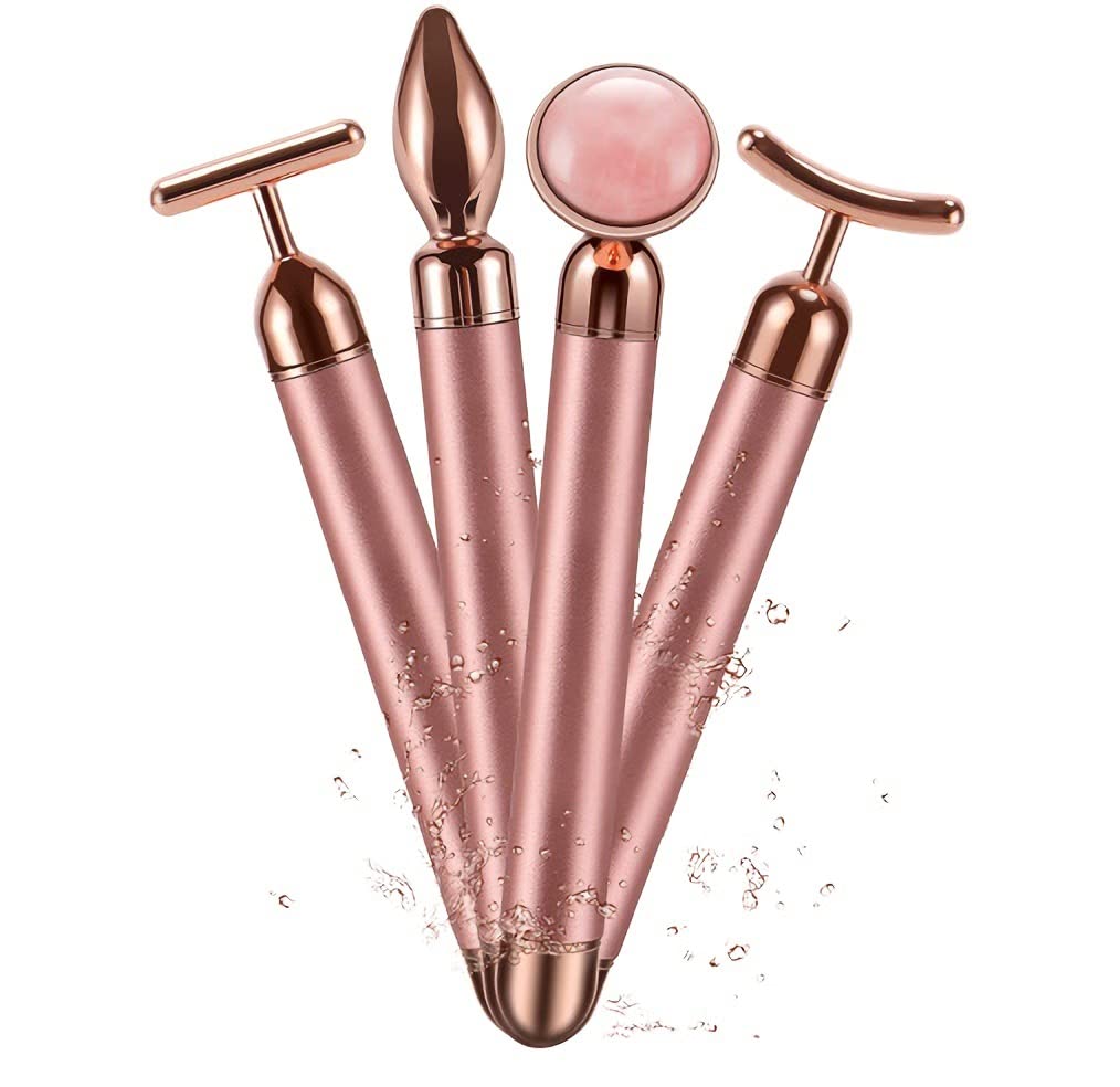 4-in-1 Beauty Bar 24k Golden Pulse Face Massager, Electric Jade Roller Facial Massager Rose Quartz, Arm Eye Nose Massage Stone for Face Lift Anti-Aging Anti-Wrinkles Skin Tightening Firming(Rose Gold)