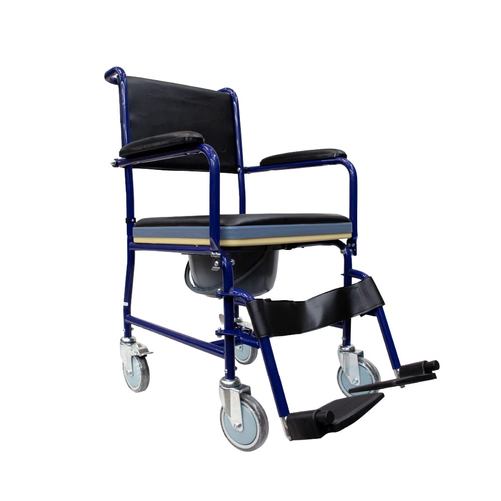 RehamoComy TRSTD Eco M-Steel Commode Wheelchair with Removable Armrest, Cushion, Commode Bin, & Leg Rests | 1 Year Warranty