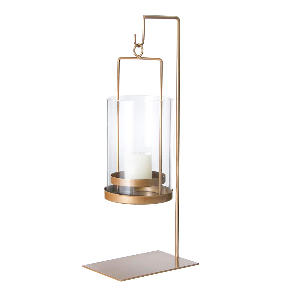 Retrome Hanging Metal Hurricane Lantern with Glass Candle Holder, Tabletop Stand Hook Including, Antique Brass