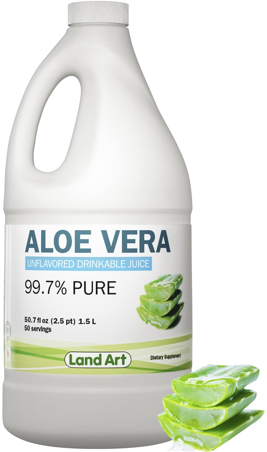 Land ArtPure Aloe Vera Juice Unflavored - Cold-Processed - Inner Filet from Organic Fresh Leaves from Texas - Gastrointestinal Disorders Aid- 50.7 fl oz