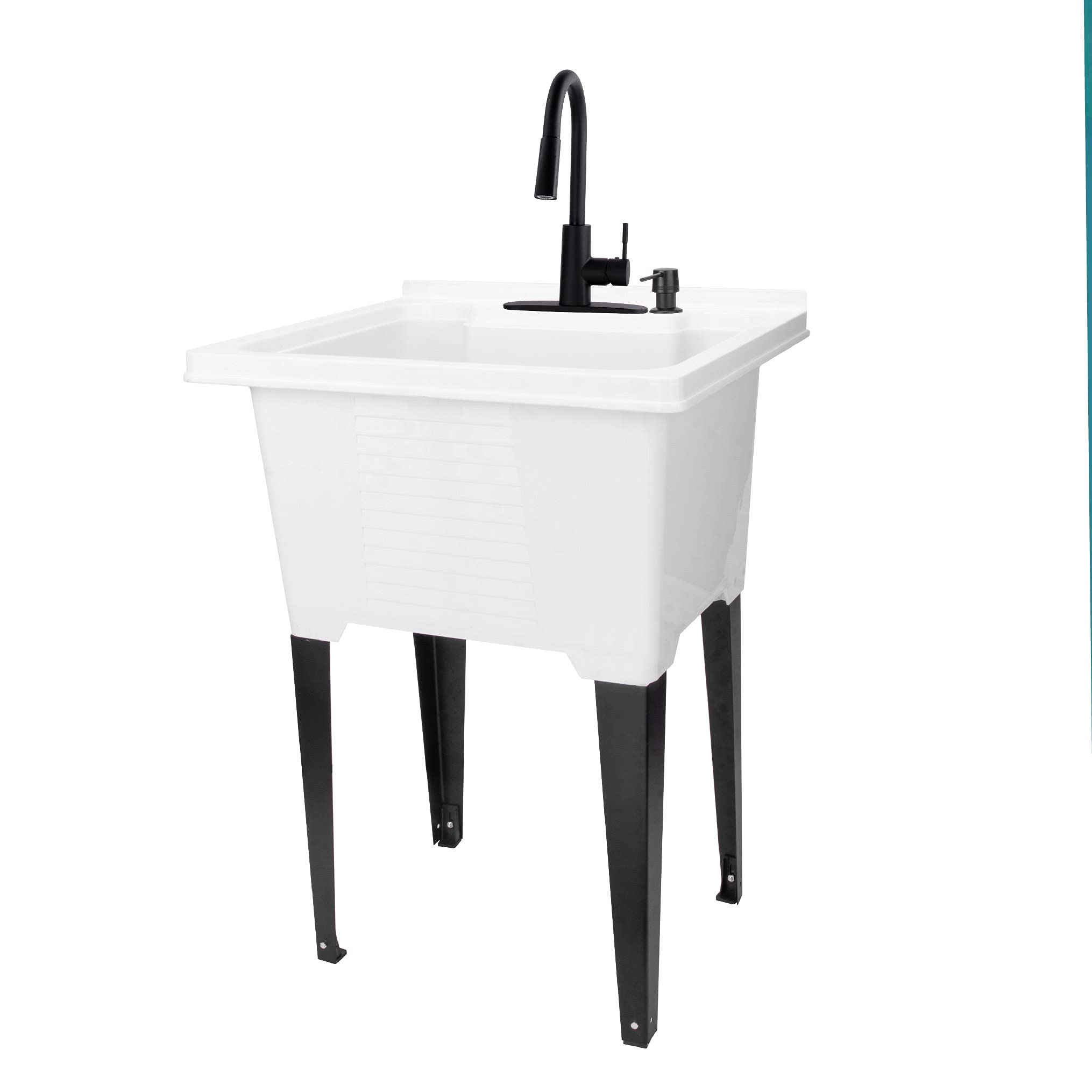 White Utility Sink by JS Jackson Supplies, Tehila Luxe Laundry Tub, Matte Black Hi-Arc Pull-Down Faucet, Soap Dispenser