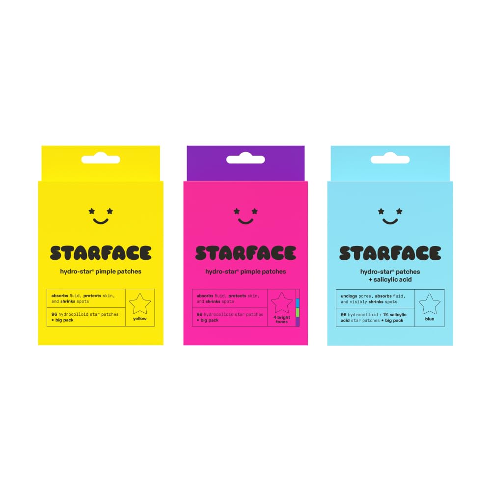 Starface Hydro-Star Hydrocolloid Pimple Patches Big Pack (96 ct), Party Pack Colorful Hydrocolloid Pimple Patches Big Pack (96 ct), and Hydro-Star + Salicylic Acid Patches Big Pack (96 ct)