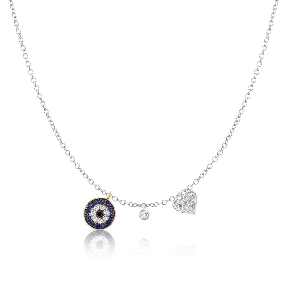 Womens White and Yellow Gold and Diamond and Sapphire Eye and Heart Pendant Necklace on 16-18 Inch Adjustable Chain