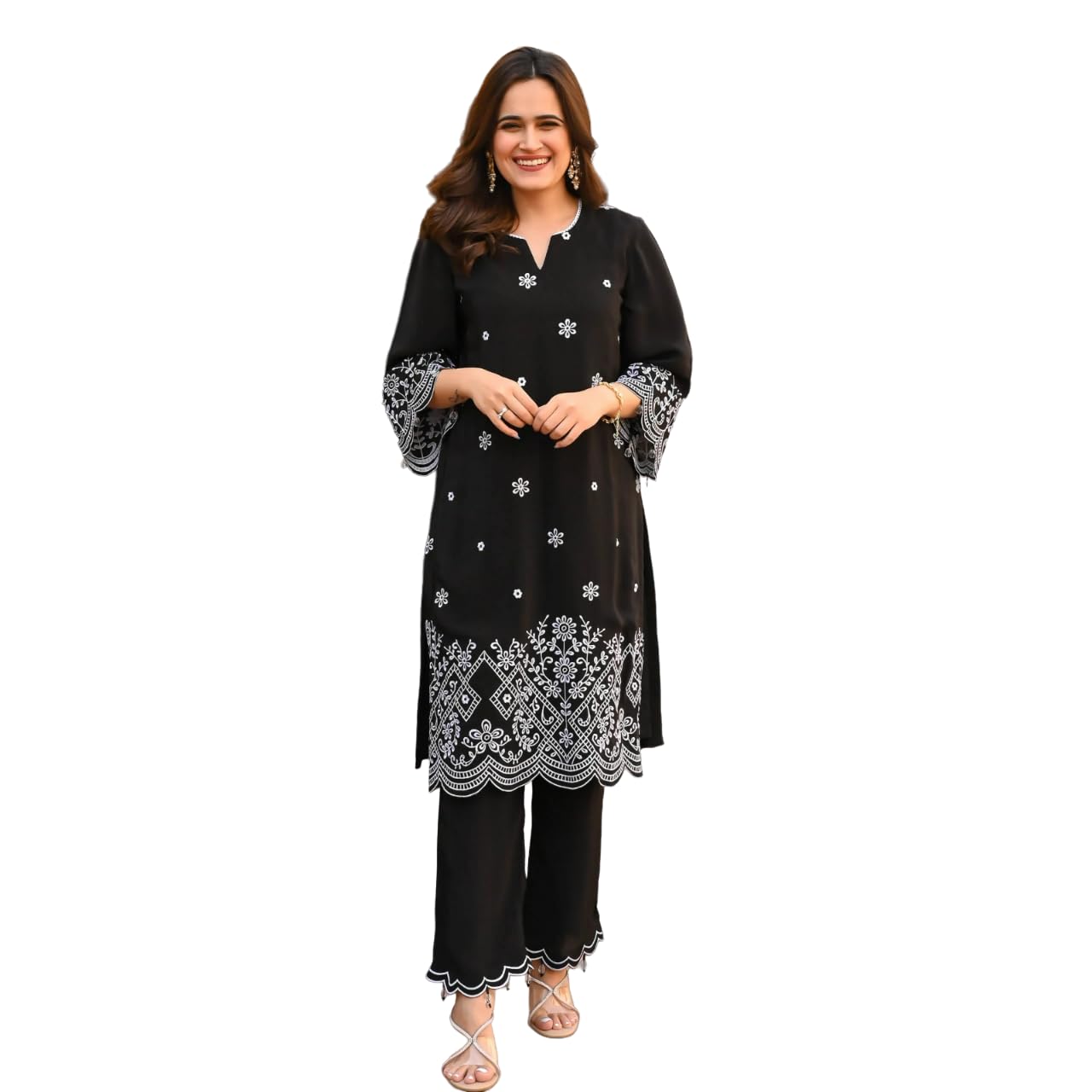 GenericStylish Embroidered Kurta and Palazzo Set (Black)