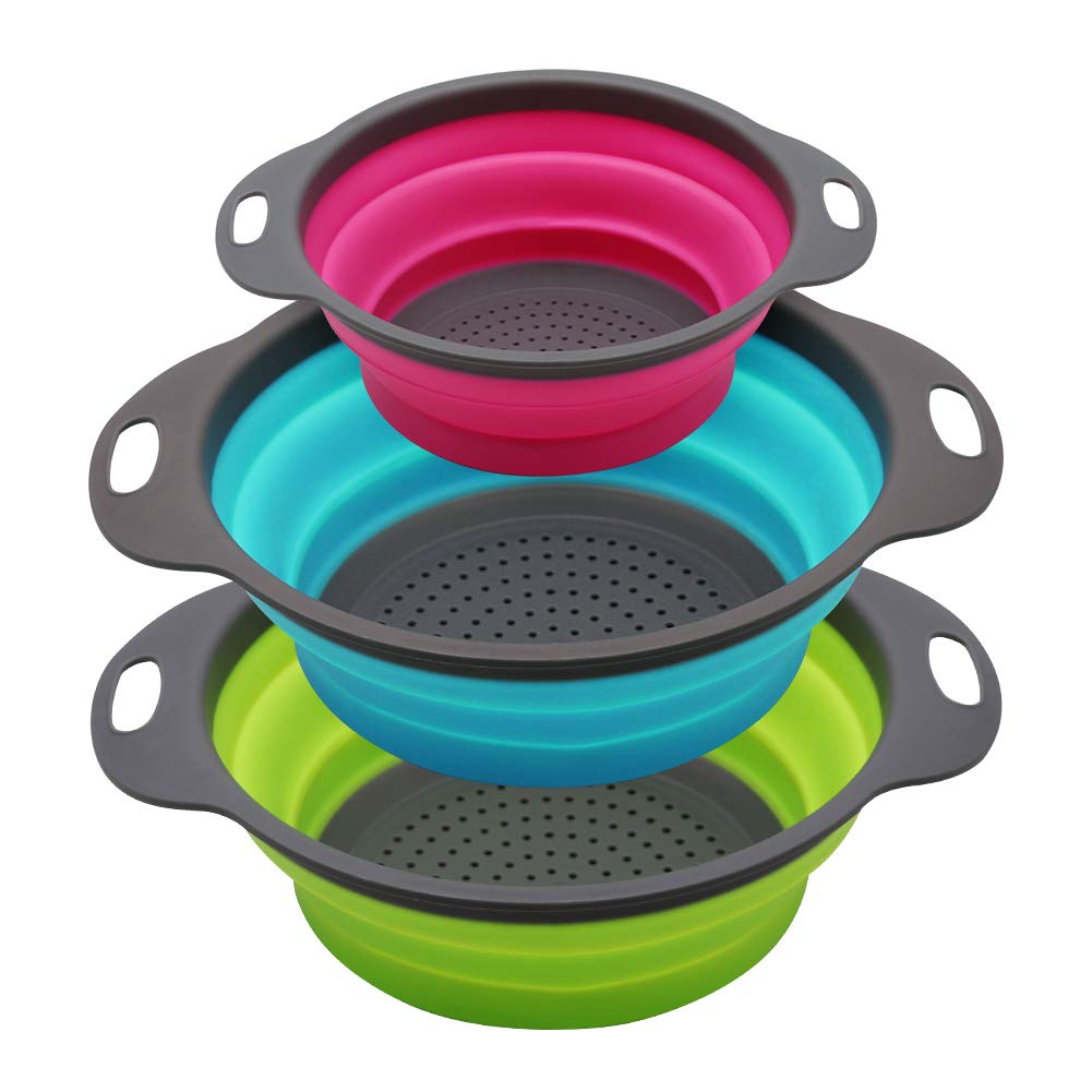 SKERITO Set of 3 Collapsible Kitchen Colander/Strainer, 4 Quart & 2 Quart Sink Colander, Perfect for Draining Pasta, Vegetable,Fruits (Green,Blue, Purple), Polypropylene