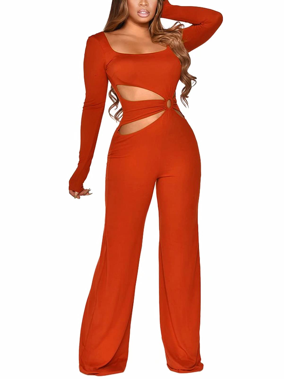 Women's Sexy Long Sleeve Jumpsuit - Scoop Neck Cut Out Waist Wide Leg One Piece Romper Playsuits Club Party