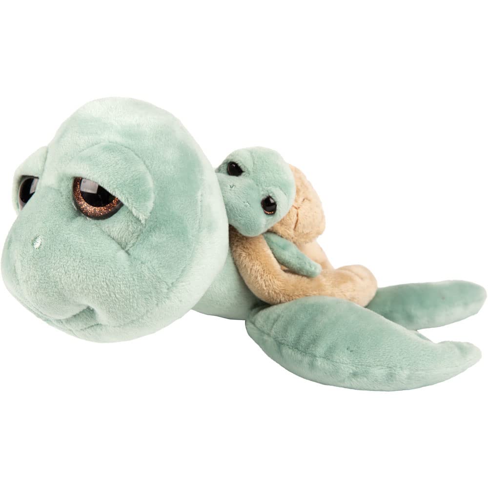 Suki Gifts International, Caspian Mummy and Baby Turtle with Squeaker, Minty Green Plush Toy, Mummy 24cm, Baby 9cm,14473